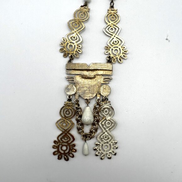 Vintage Sarah Cov Tribal Aztec White Enamel Large Pendant Necklace 36” - Picture 11 of 12